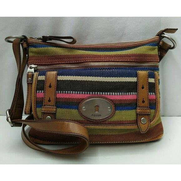 Fossil Maddox Multicolor Canvas Stripes Logo Pockets Zipper Crossbody Bag - Picture 1 of 14